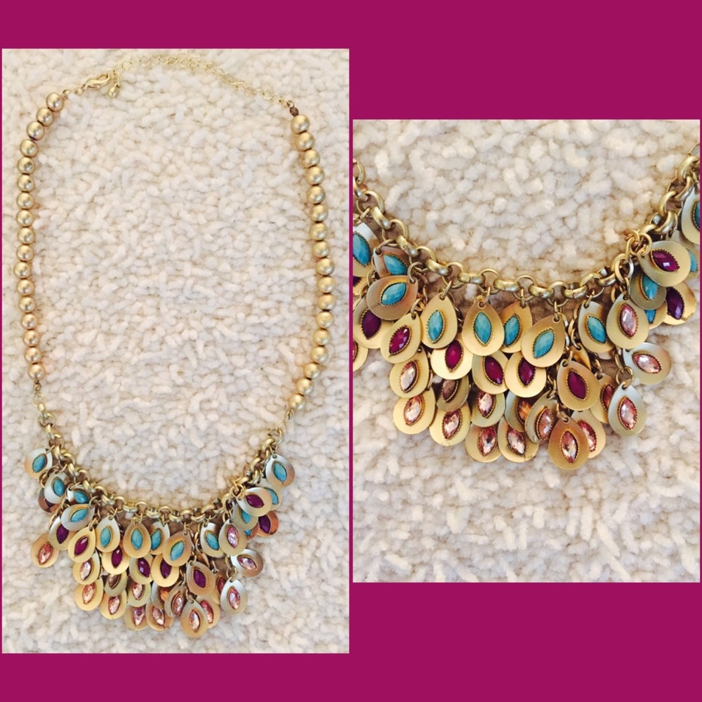 Handmade Gold Teal Red Statement Bib Necklace‎ Boho Layered